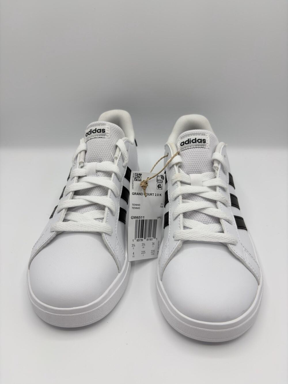 adidas Grand Court 2.0 K Low White/Black Lace Up Kids Sneaker US 4 GW6511 NWT